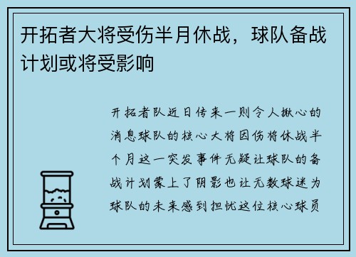开拓者大将受伤半月休战，球队备战计划或将受影响