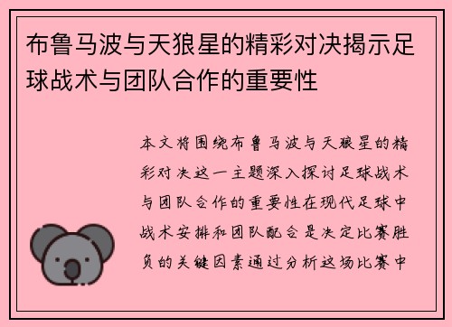 布鲁马波与天狼星的精彩对决揭示足球战术与团队合作的重要性